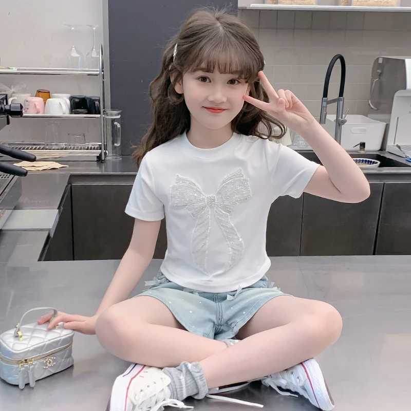 女童短袖T恤2025夏季新款蝴蝶结儿童洋气半袖上衣夏季女孩网红T恤