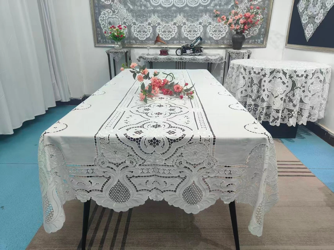 2620牡丹花亚麻镂空刺绣长方形桌布台布茶几布民族风盖巾欧式风格