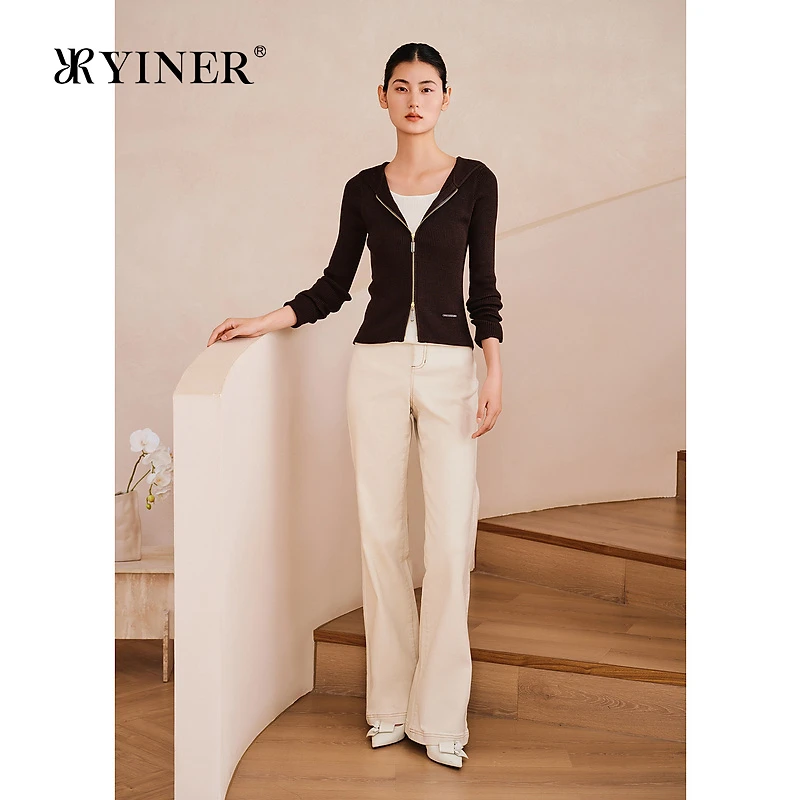 YINER音儿专选2025春季新款磨毛直筒长裤中高腰复古丹宁牛仔裤