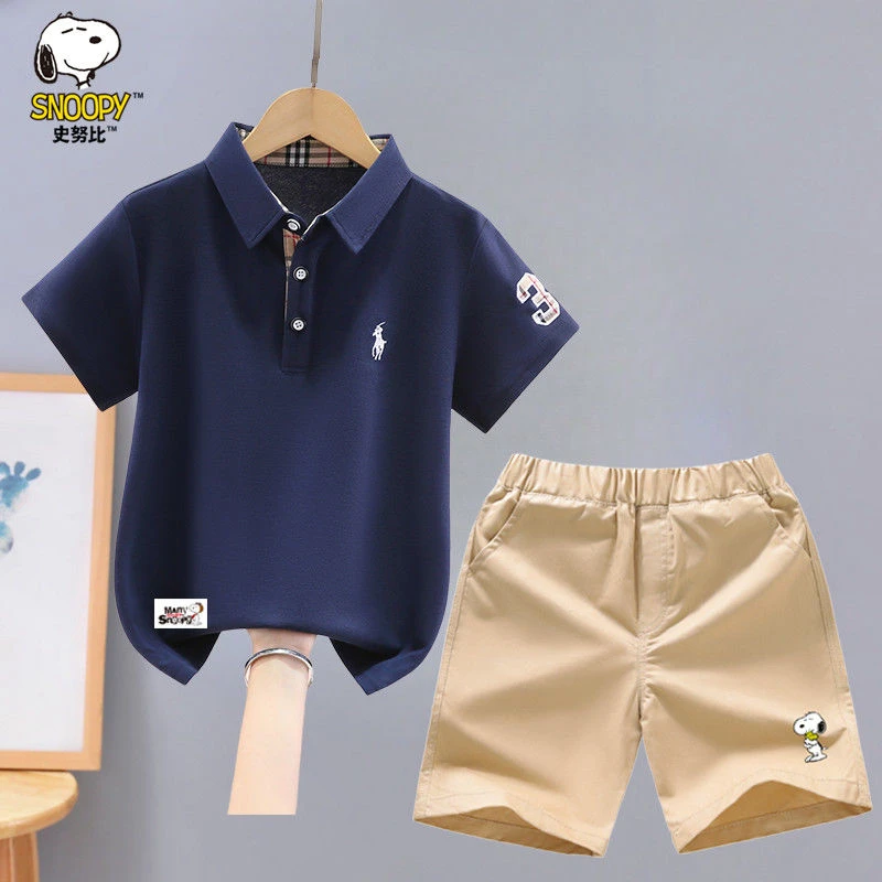 史努比男童短袖套装夏装2025新款洋气中大童男孩翻领polo衫两件套