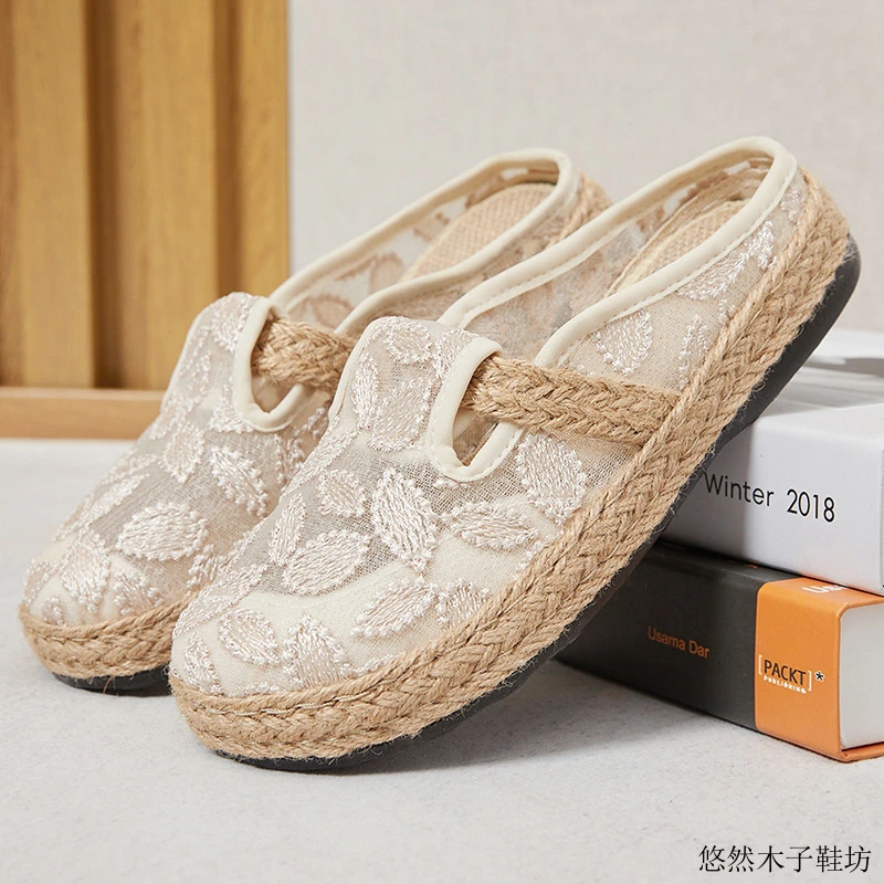 鞋子女新款亚麻编织一脚蹬休闲鞋绣花半拖女鞋