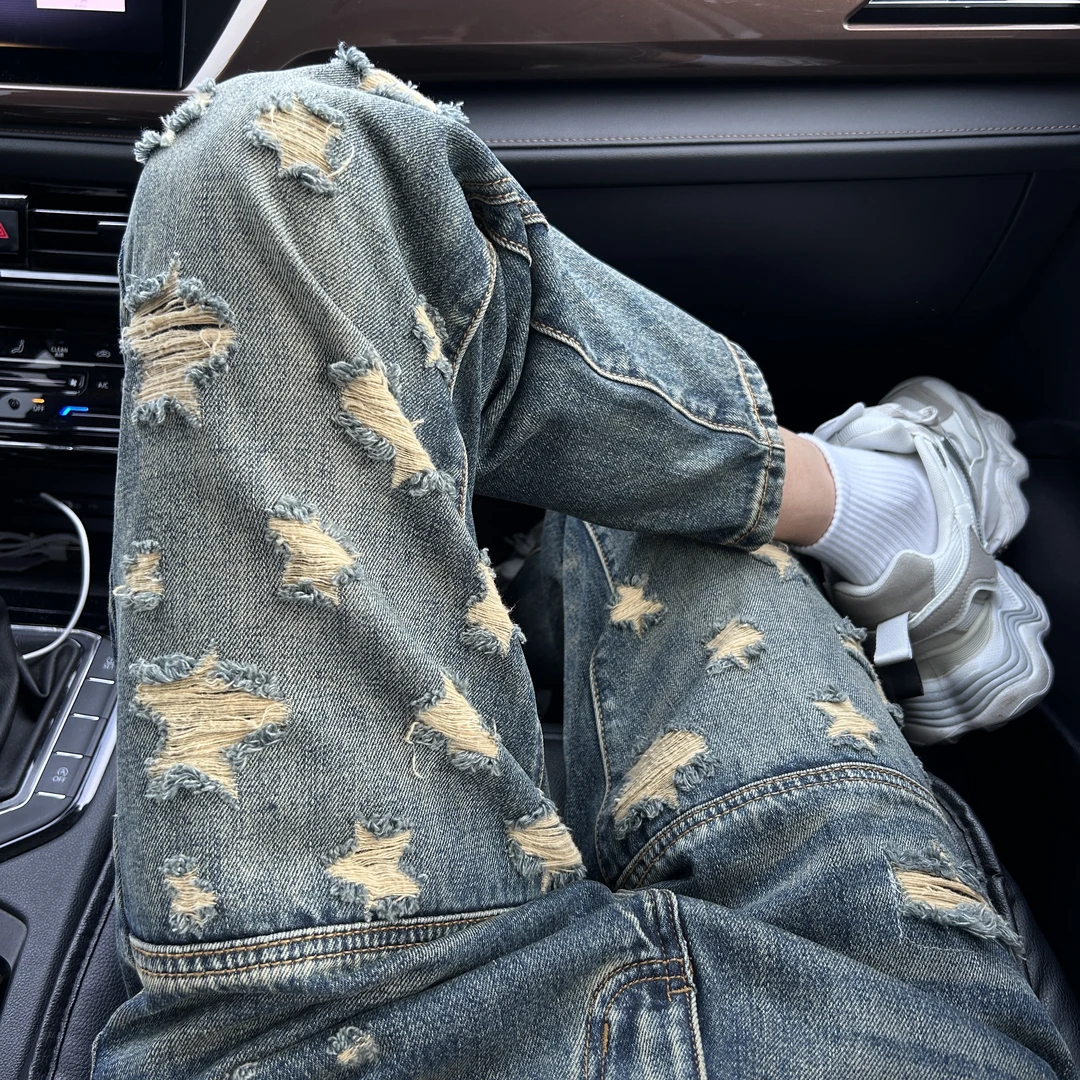 秋季新款潮流百搭宽松牛仔裤男士设计感星星破洞水洗vibe直筒裤子