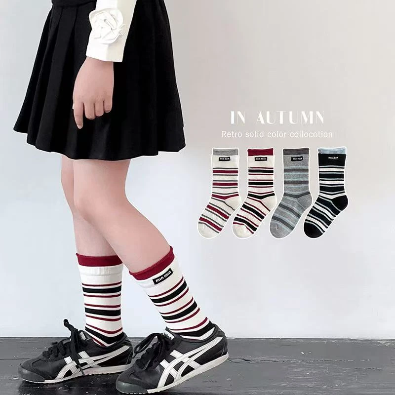 儿童袜子女童中筒条纹卷边拼接袜春秋冬季儿童韩版百搭舒适透气