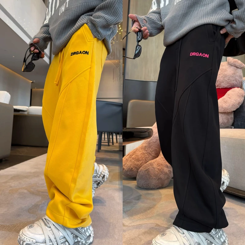 冬季新款刺绣加绒阔腿休闲裤男士潮流高街拼接宽松百搭弯刀直筒裤