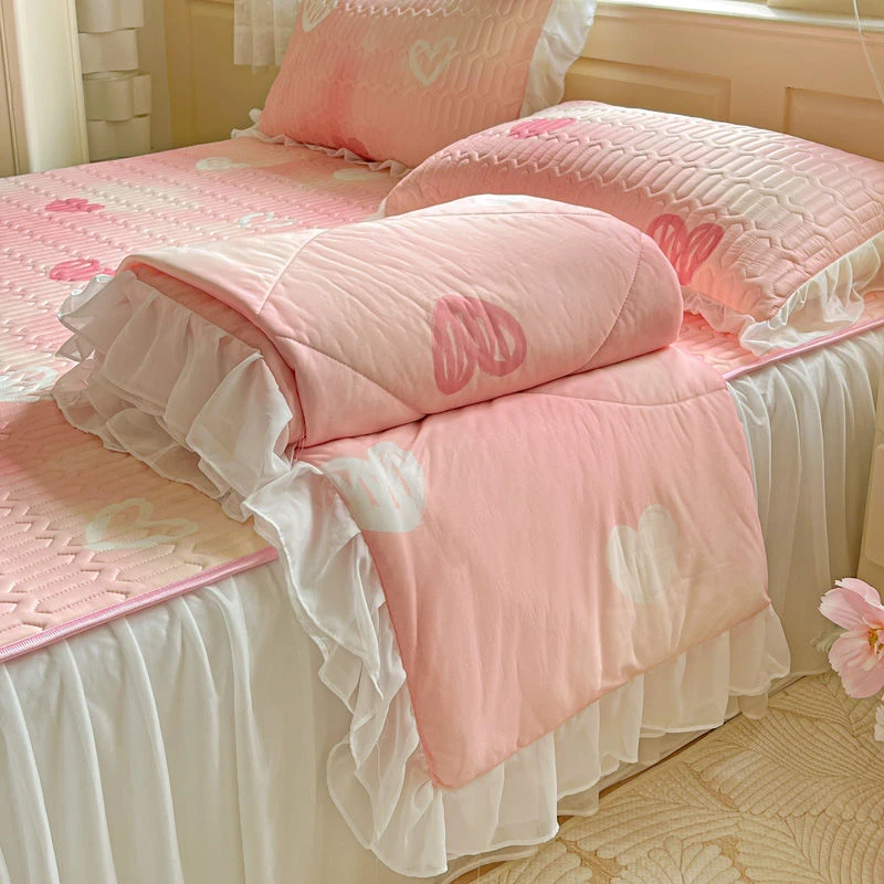 夏天公主风凉席床裙四件套夏凉被可水洗冰丝床罩软席子空调被芯