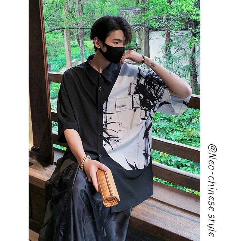 2025夏新中式水墨画风宽松透气冰丝垂感拼接高级感短袖衬衣男士