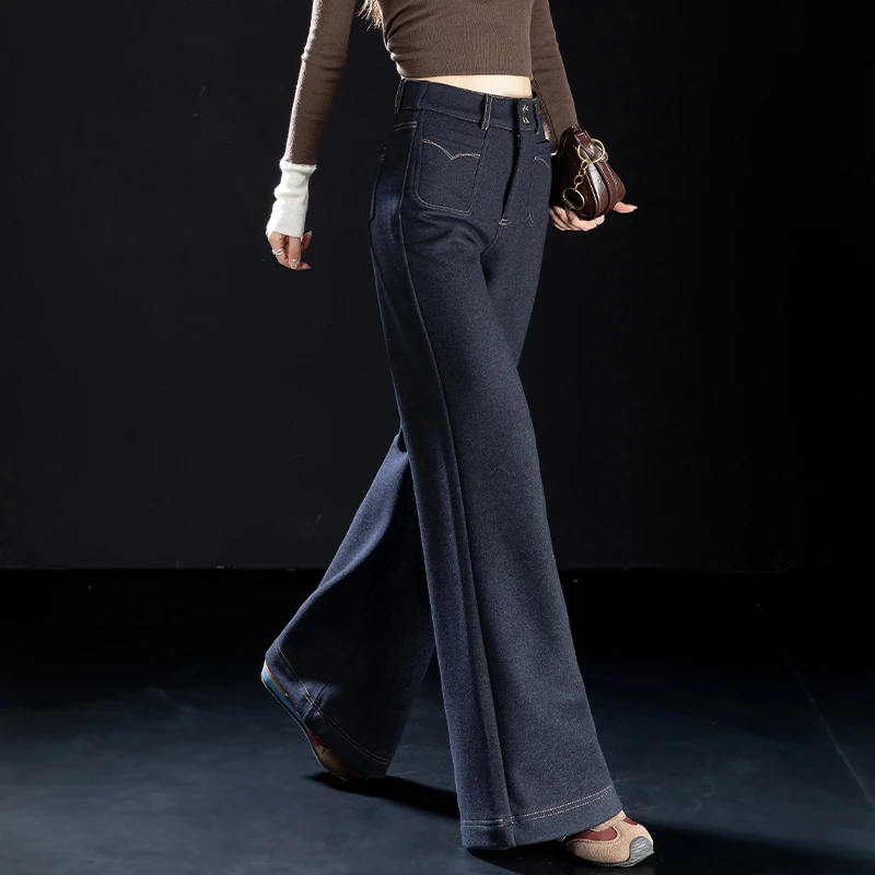 深蓝韩版加绒微喇仿牛仔休闲裤女冬季2025新款加厚不贴腿喇叭裤子