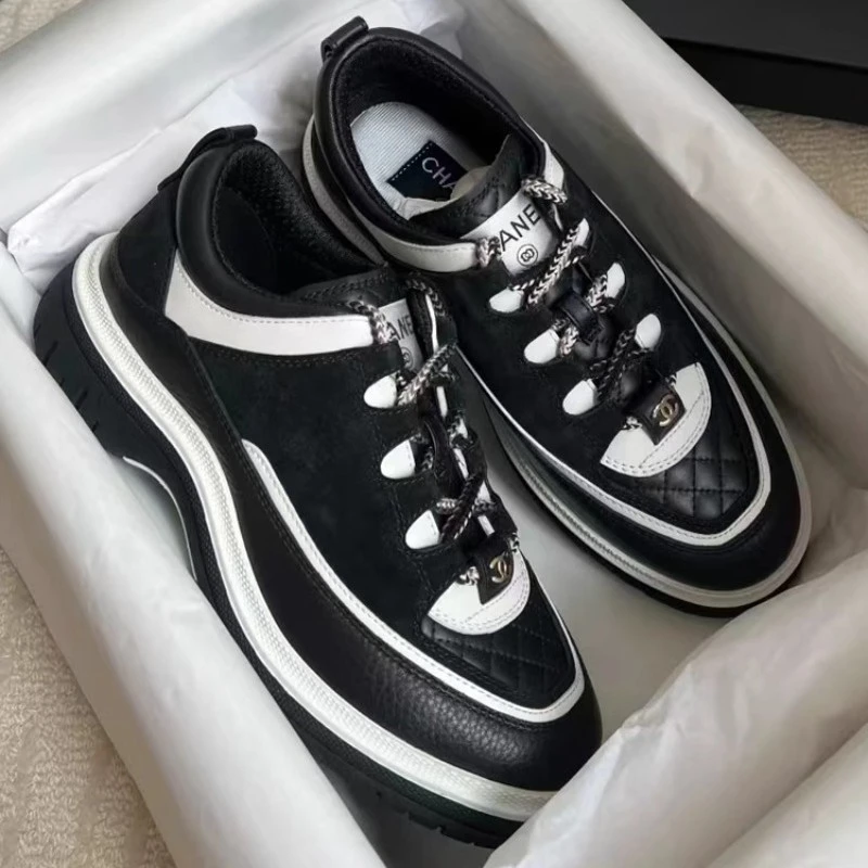 小香风25C菱格熊猫运动鞋女拼色厚底板鞋休闲系带增高小白鞋女