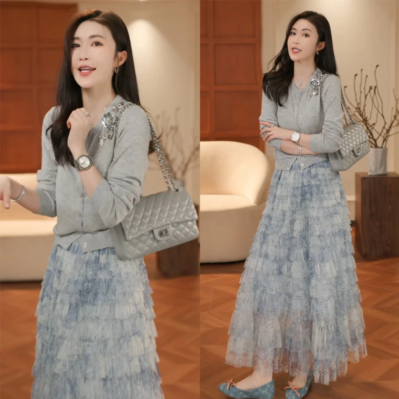 春季穿搭一整套高级感御姐风气质轻奢针织开衫蛋糕半身裙两件套女