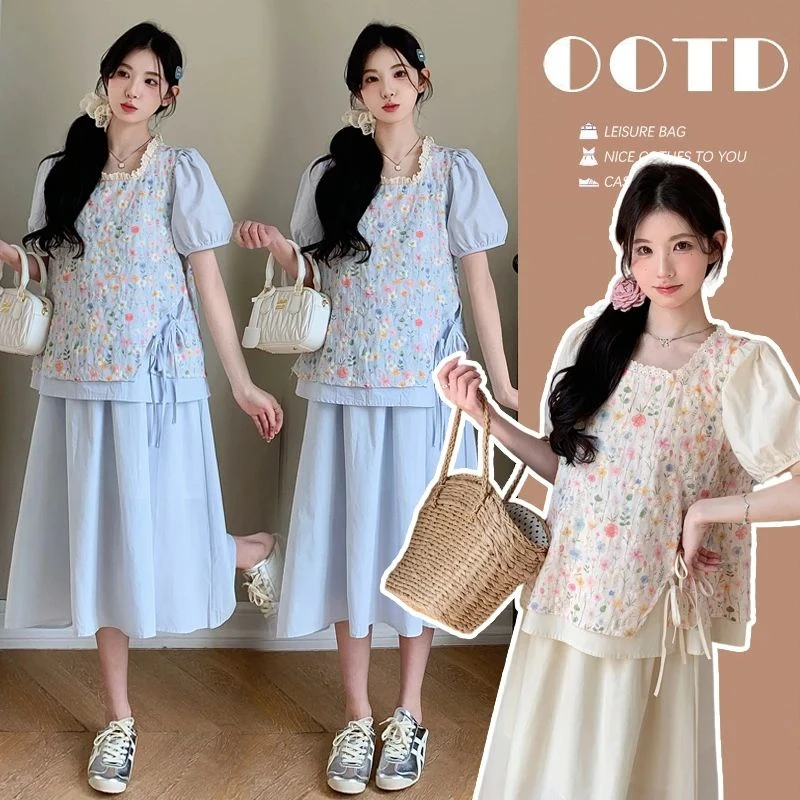 孕妇套装夏季2025蕾丝花边方领泡泡袖系带碎花上衣半身裙甜美套装