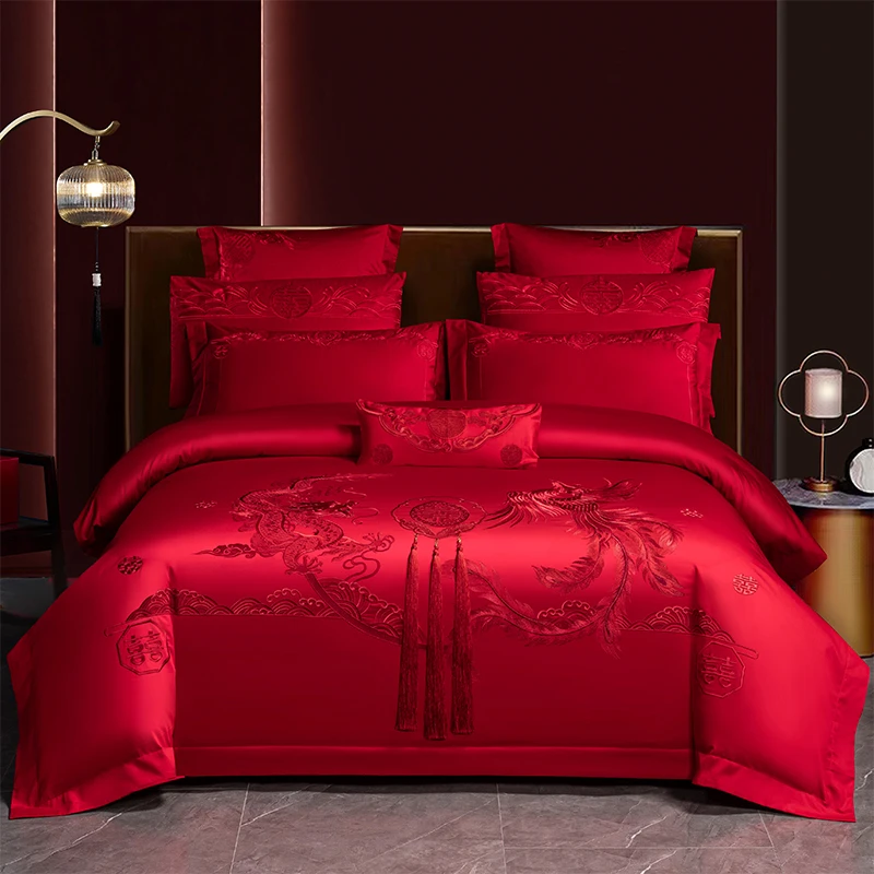 水星中式200S长绒棉婚庆四件套红色结婚喜被纯棉龙凤被套床用品