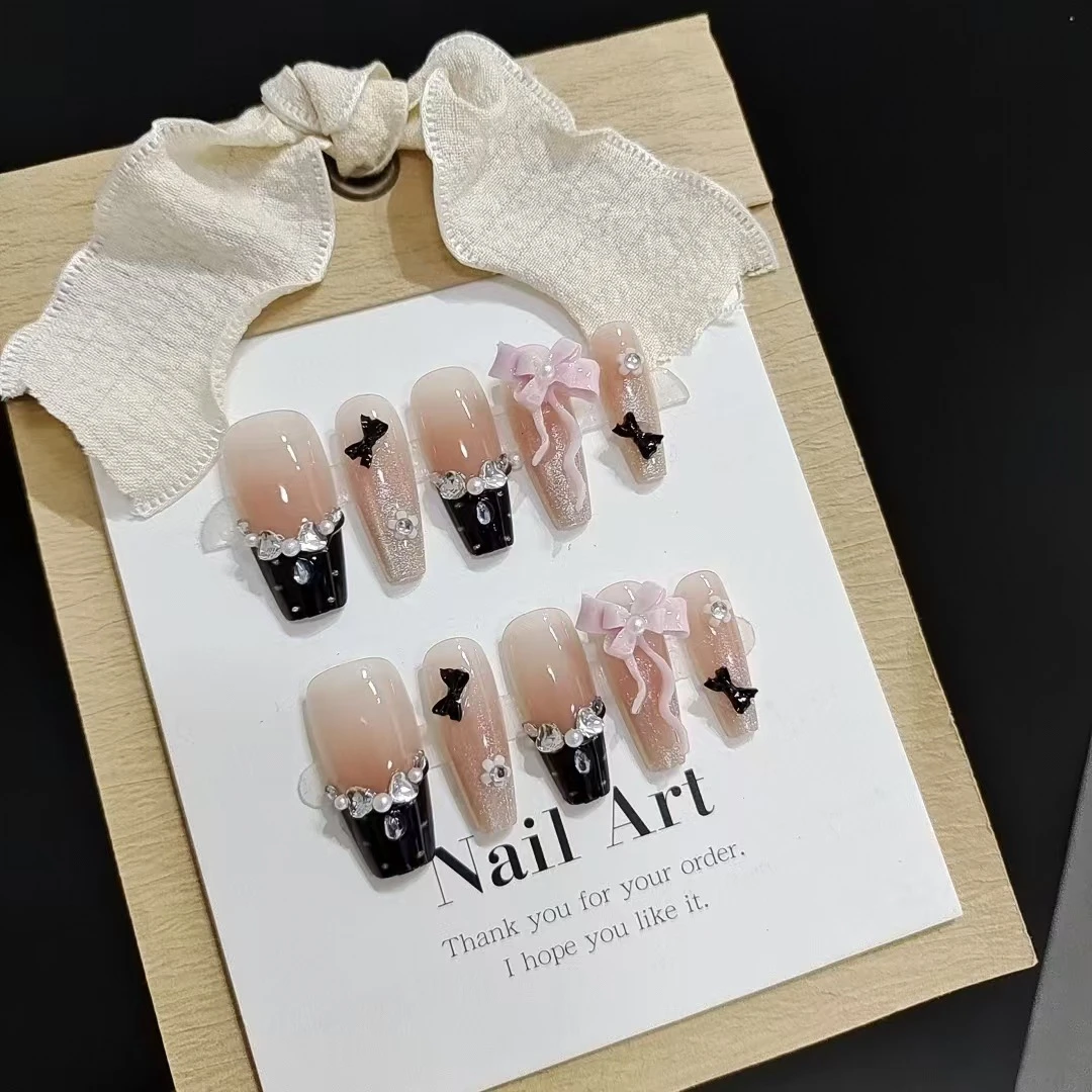 夜宴小香风波点飘带法式猫眼蝴蝶结百搭气质蜜桃啵啵穿戴甲美甲