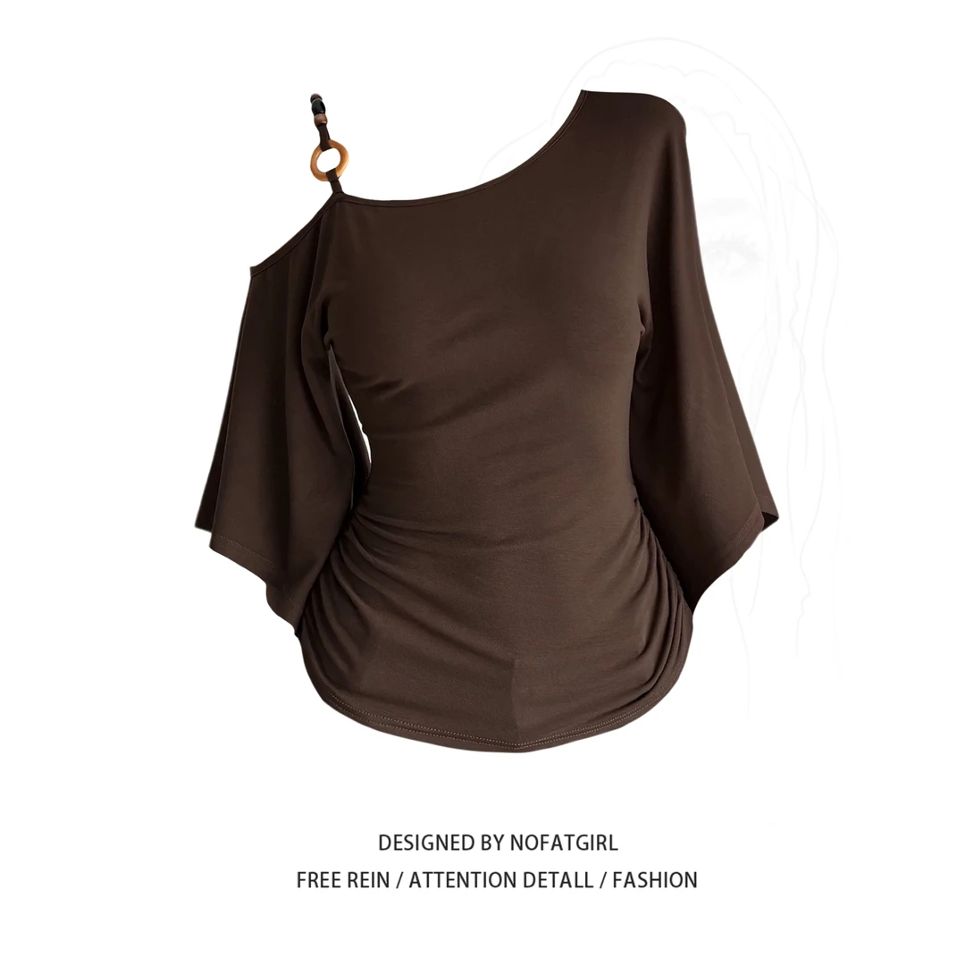 大码胖MM美式复古斜肩喇叭短袖T恤女夏季新款修身显瘦设计感上衣