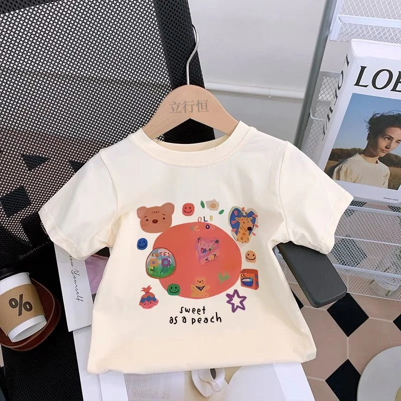 夏季儿童新款星球熊印花短袖T恤男女童时髦百搭纯棉薄款上衣服