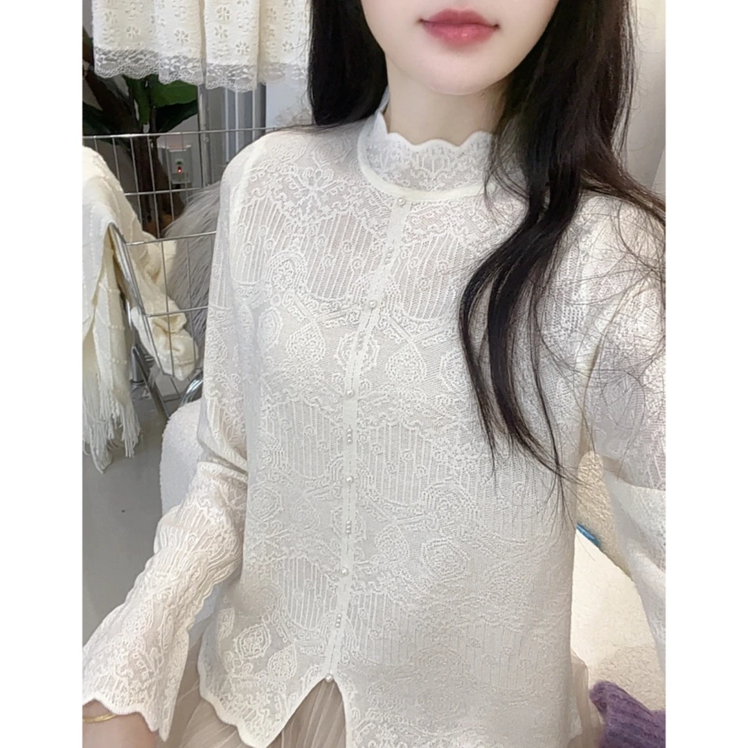 半高领针织打底衫女内搭长袖钉珠下摆开叉百搭毛衣