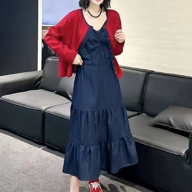 时尚2025早秋欧韩吊带连衣裙长袖开衫高级感两件套