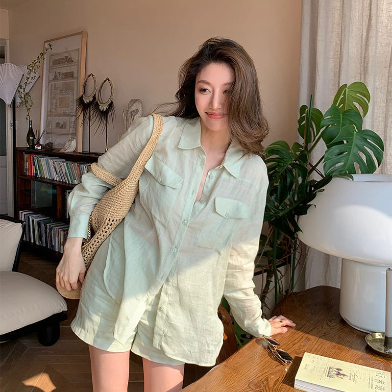 【ALONE SAVOR】轻氧亚麻，廓形气质法式衬衫女慵懒老钱短裤套装P331