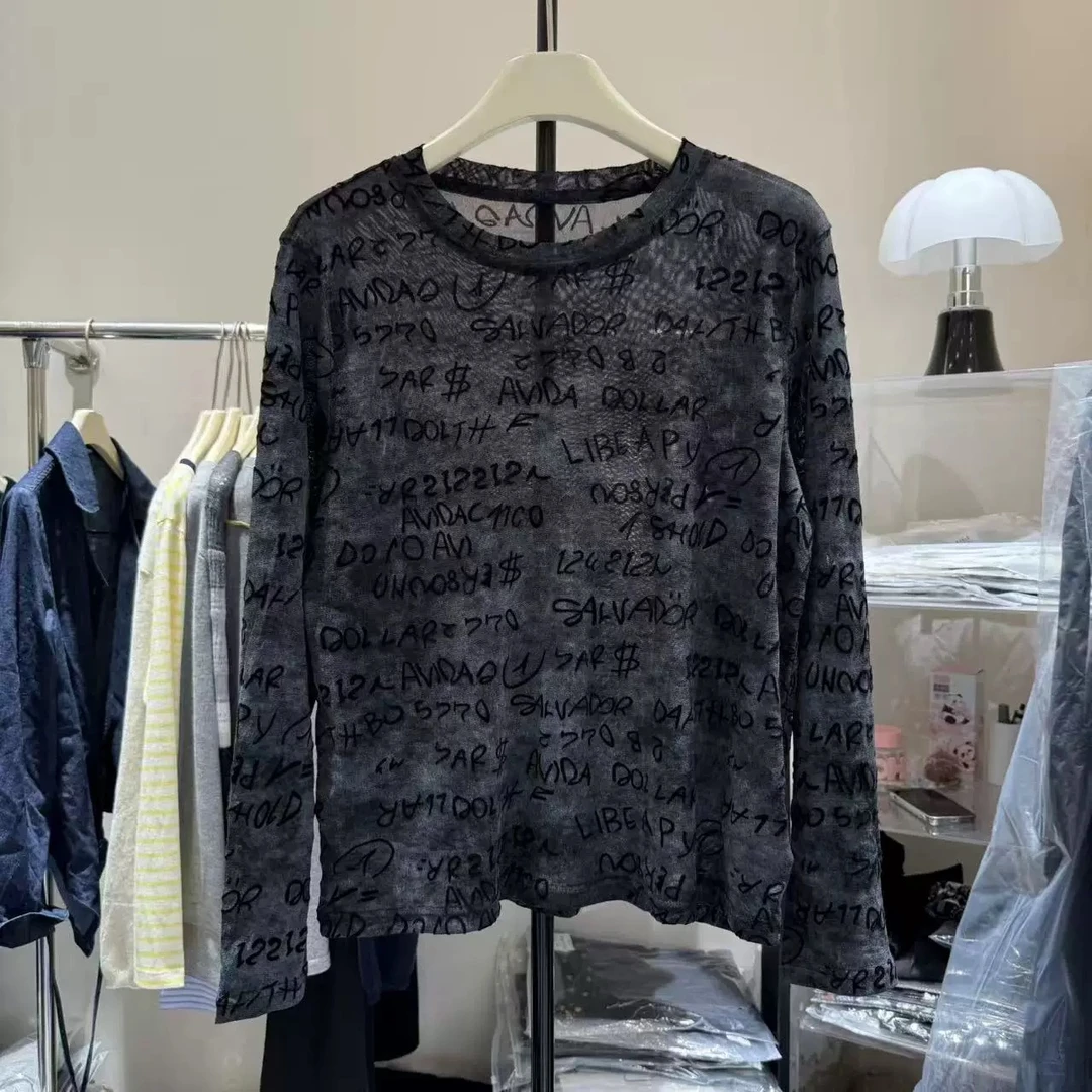 9993#潮流提花T恤打底衫植绒字母时尚长袖修身型女