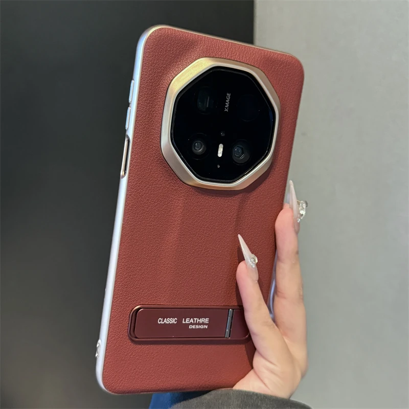 适用华为mate70rs非凡大师手机壳简约真皮隐形支架mate60rs保护套