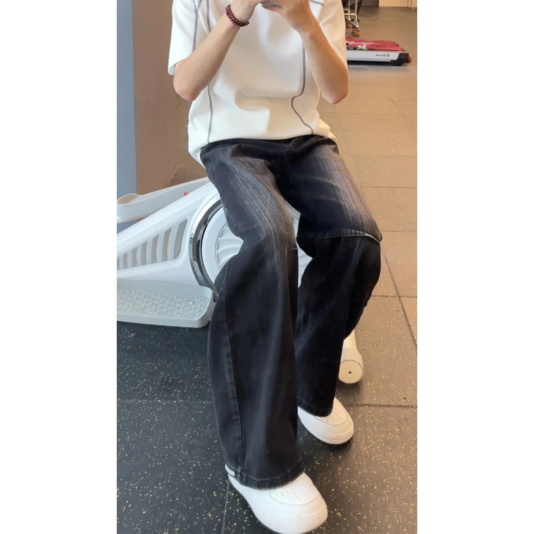 美式cleanfit秋季牛仔裤男高级感提裆宽松直筒弯刀裤复古水洗裤子