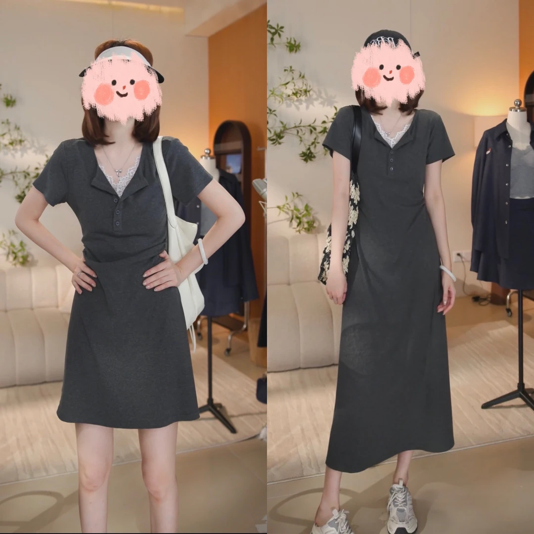 夏季百搭修身显瘦中长款裙子蕾丝拼接收腰连衣裙