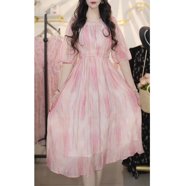 L7248温柔夏季2025晕染新款气质印花连衣裙法式优雅度假长裙裙子