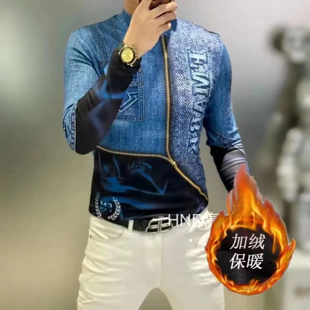 高品质秋冬中领牛仔印花卫衣加厚双面绒衫个性拼接套头772