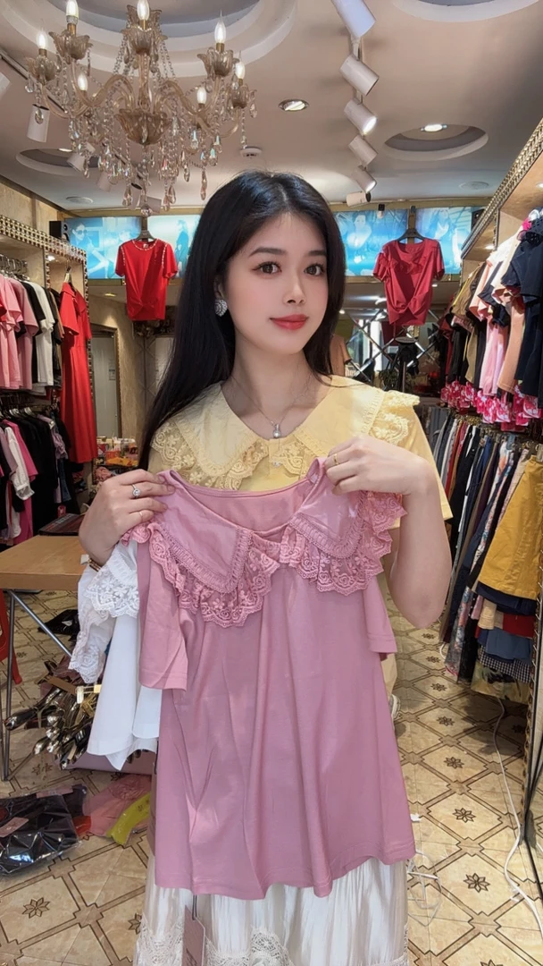 娃娃领蕾丝拼接短袖T恤女宽松显瘦夏季上衣