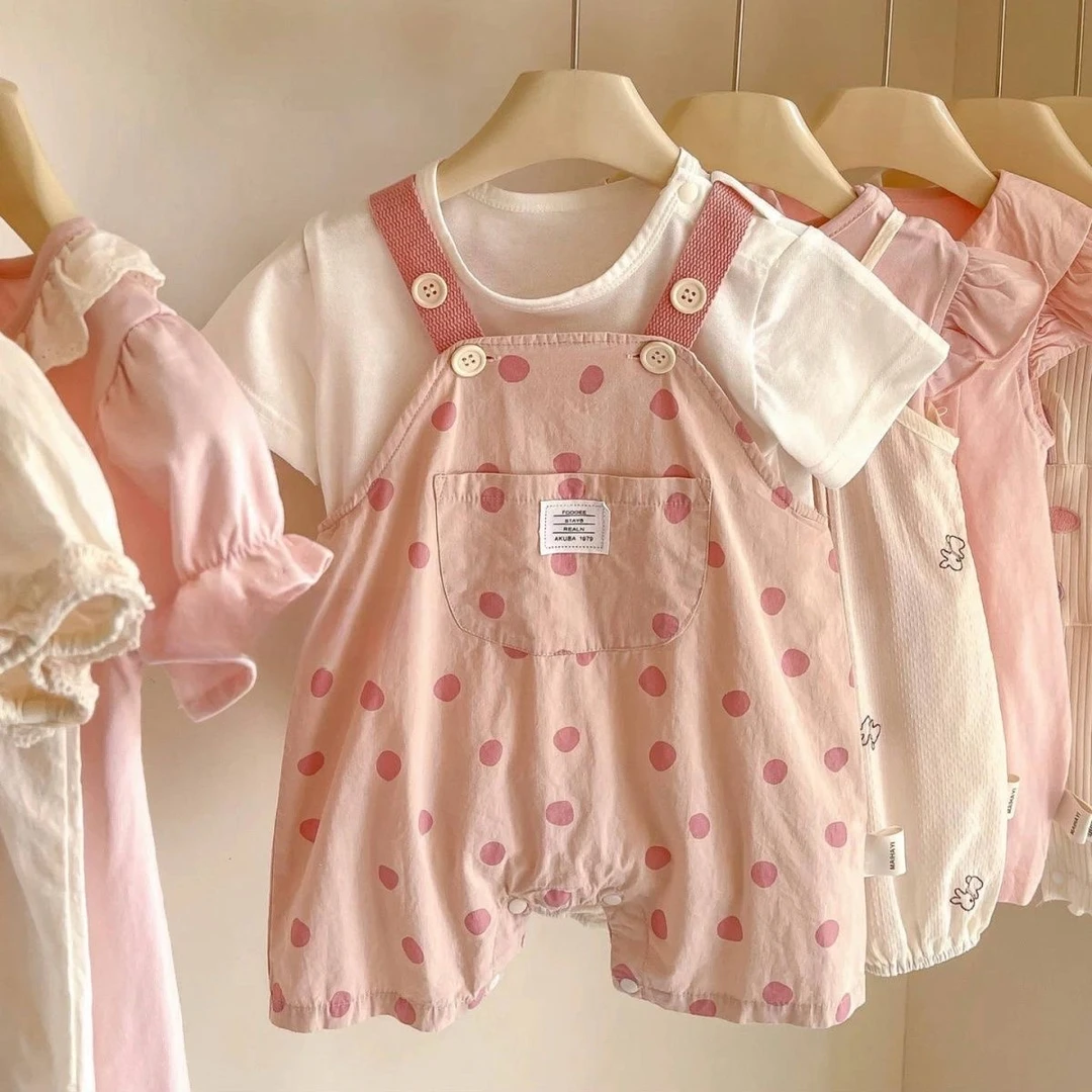 婴幼儿夏季波点韩版卡通洋气纯棉套装婴儿吊带裤女宝薄款背带裤