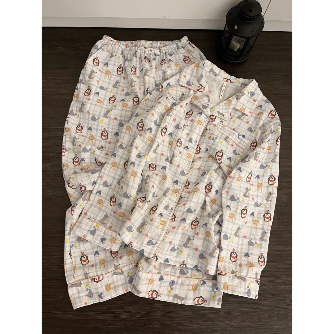 日系甜美慵懒风卡通印花格子睡衣女秋季新款长袖长裤家居服套装