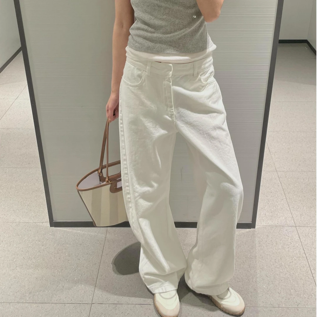 高级垂感白色阔腿牛仔裤女2025夏季新款高腰宽松显瘦直筒拖地裤子