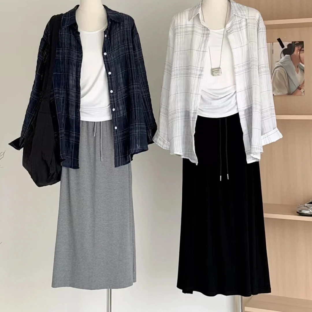 夏季新款休闲时尚格子衬衣吊带背心松紧腰半身裙套装女