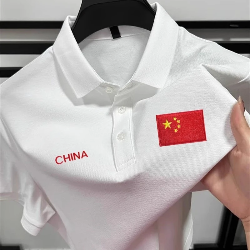 in cotton sea国家队纯棉休闲短袖T恤男士夏季商务国潮国旗POLO衫
