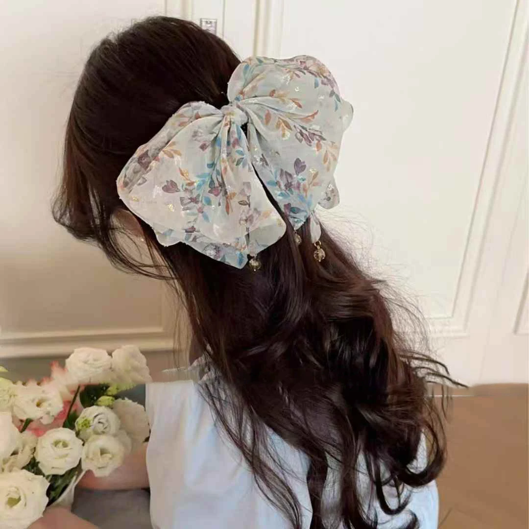 2025新款碎花马尾夹超仙气质蝴蝶结发夹优雅甜美半扎发马尾夹发饰