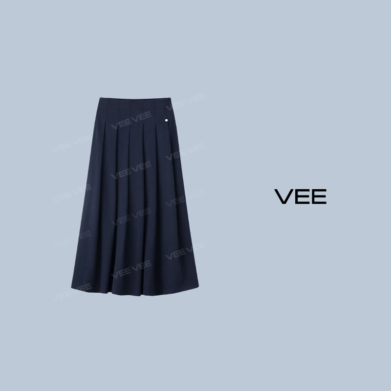 短视频VEE【海风捕手】新款百搭休闲复古百褶A字长半裙