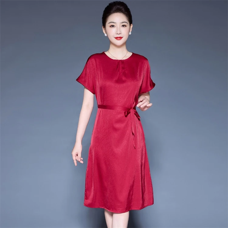 恒源祥彩羊醋酸连衣裙女气质夏季新款裙子纯色阔妈妈装喜婆婆礼服