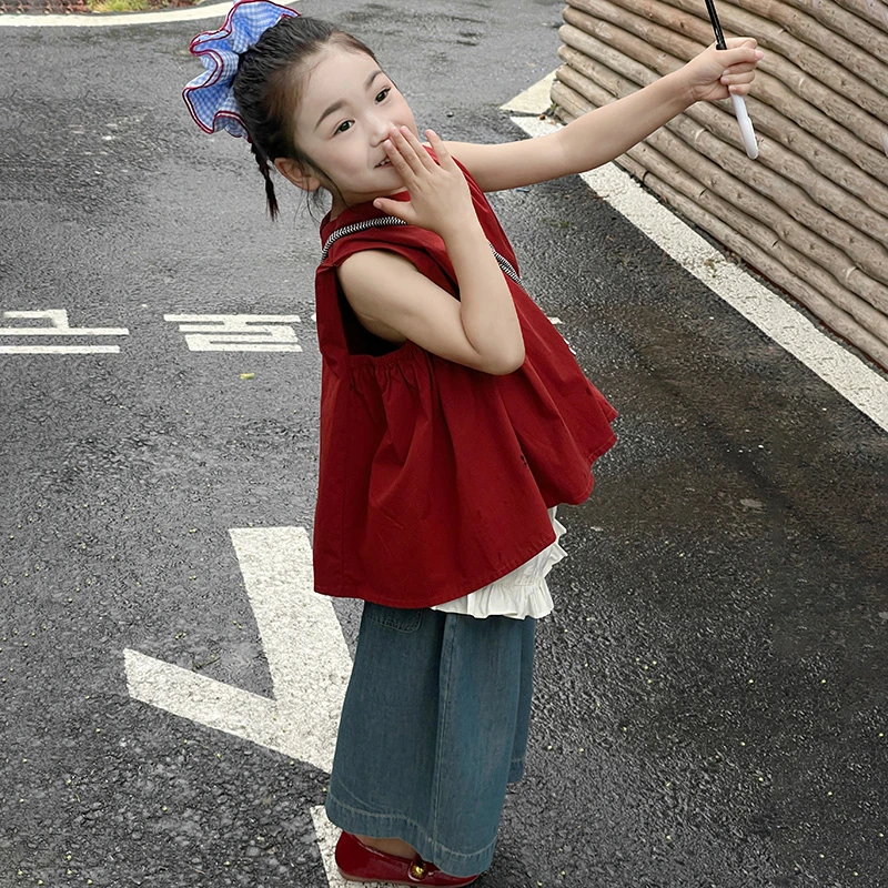 2025夏季新款女童套装儿童洋气休闲复古宽松纯色无袖韩版百搭