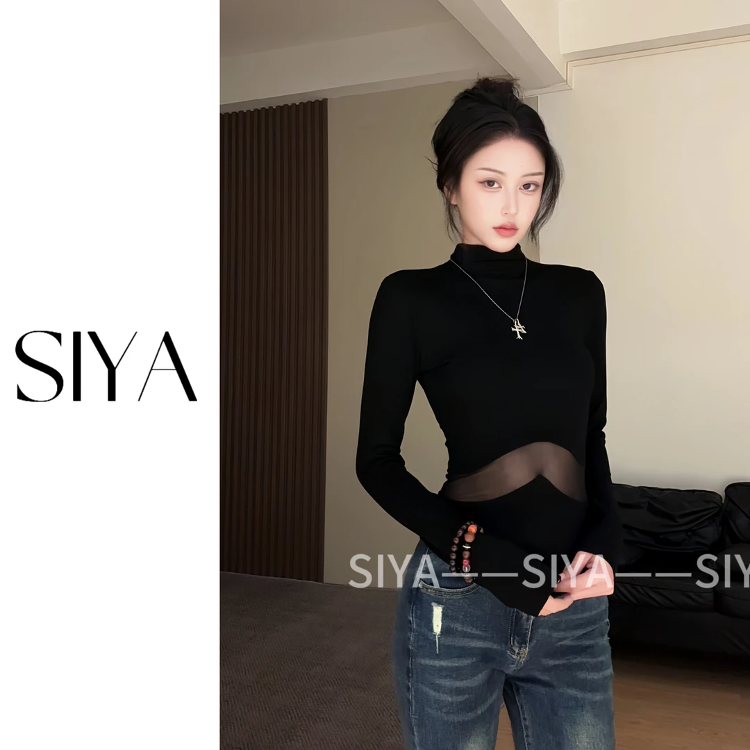 【SIYA】美式辣妹黑色长袖女网纱拼接休闲修身T恤上衣