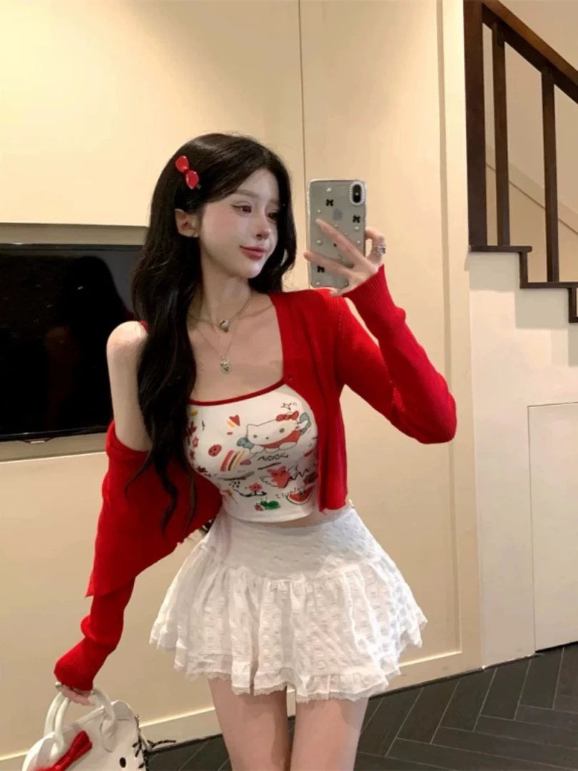 【安心推荐】纯欲风针织开衫外套印花吊带蕾丝半身裙三件.