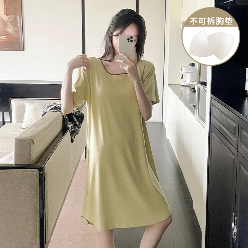 2025新款夏季慵懒风短袖睡裙女带胸垫宽松简约纯色休闲家居服睡衣