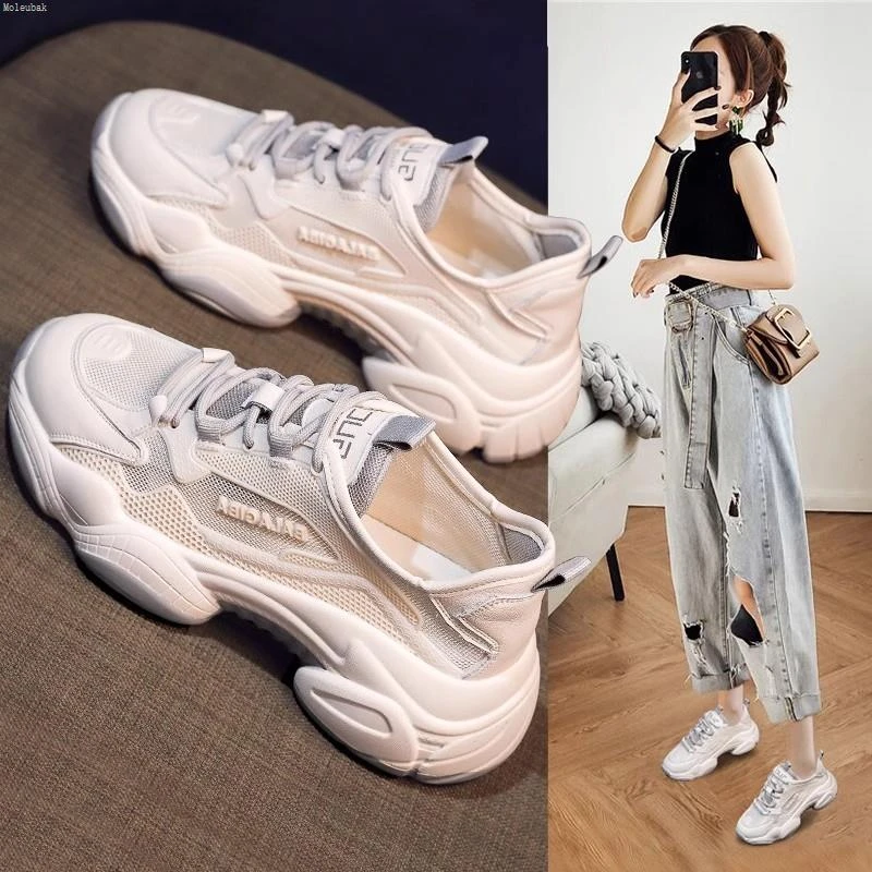 Moleubak时尚老爹鞋女2025新款夏季网面透气厚底小白鞋运动休闲鞋