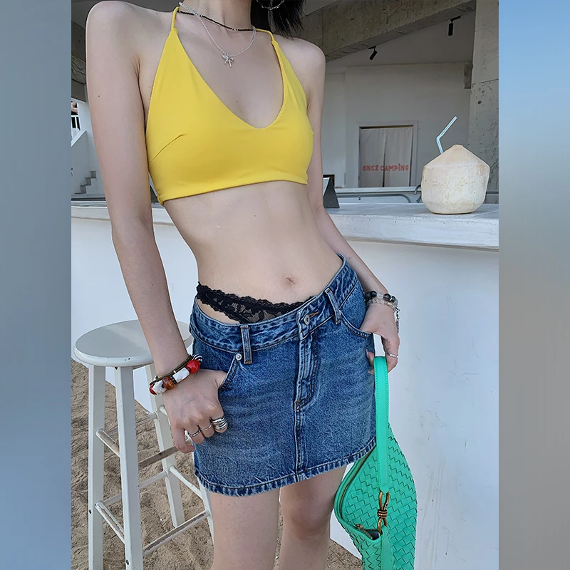 十三粥 危险游戏 砂洗猫须蕾丝边拼接半身裙女纯欲风牛仔短裙夏季