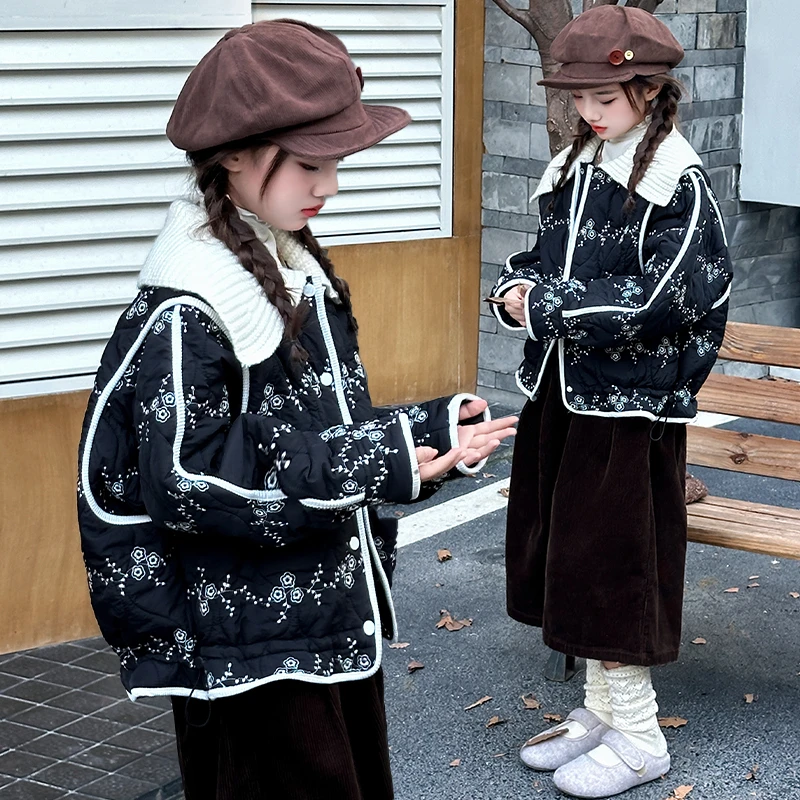 2025高眼吸睛秋冬绗棉外套女童中大童刺绣大翻领双色加厚外套