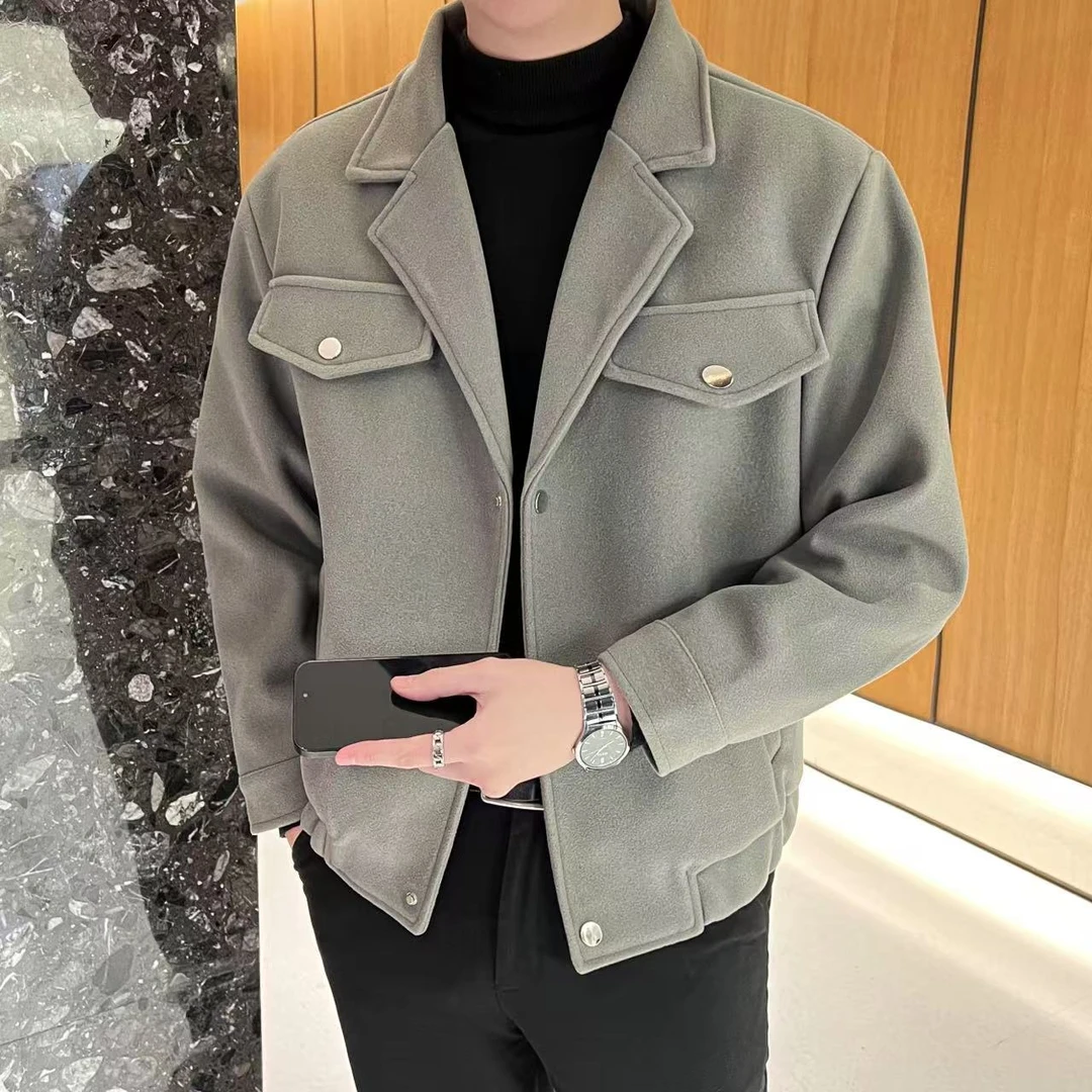 男士2025春季新款韩版痞帅翻领短款毛呢夹克男装潮流薄款呢子夹克