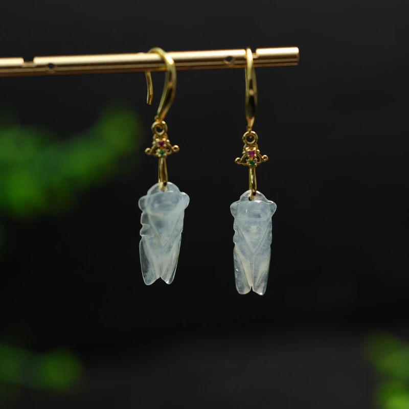 #F947 白色冰种天然A货翡翠玉蝉一鸣惊人知了耳环耳坠