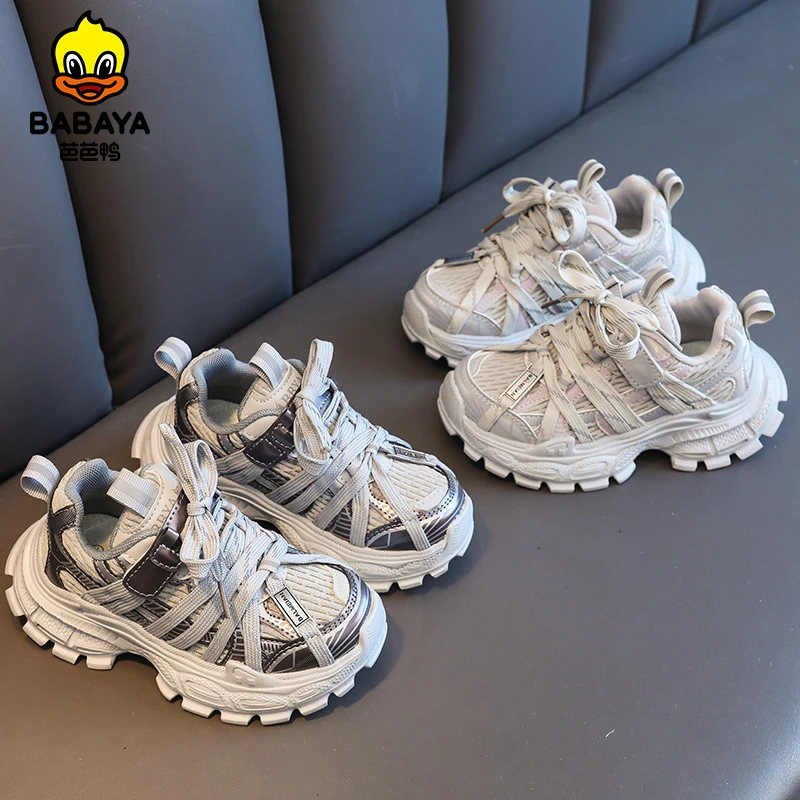 芭芭鸭2025年春秋百搭新款轻便儿童运动鞋撞色女童透气网面休闲鞋