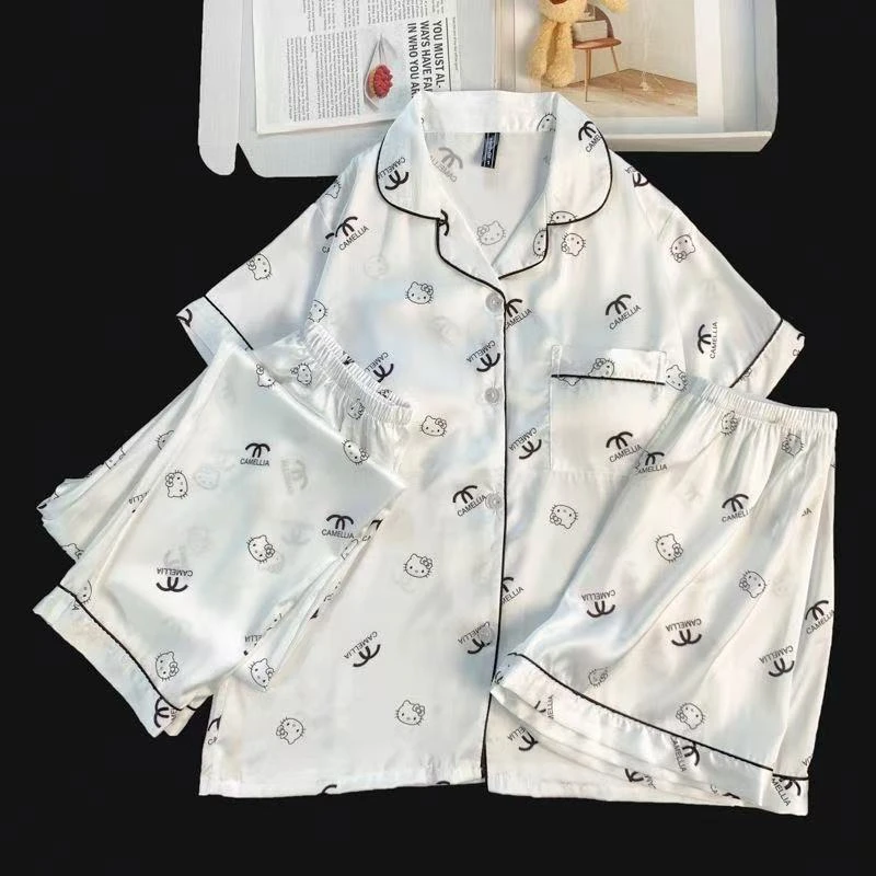 【小香款KT猫】带胸垫冰丝睡衣女三件套夏季新款短袖短裤居家服套装