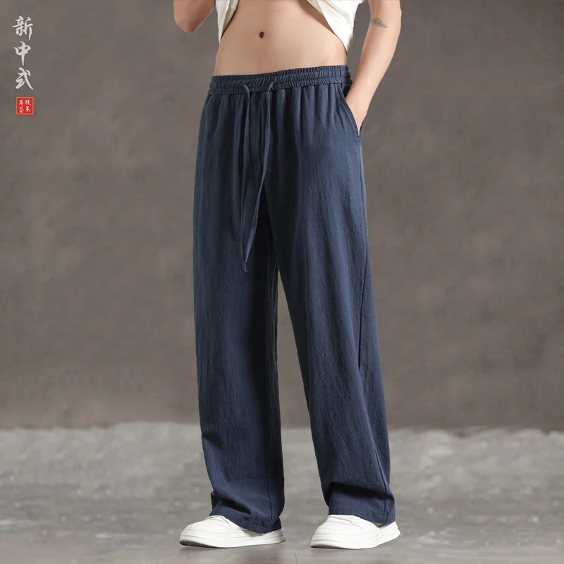 运动潮休闲裤棉麻裤新中式男士夏季裤子薄款外穿中国风中国风