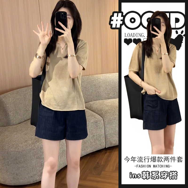 时尚简约垂感两件套女法式气质海鸥领短袖上衣高腰显腿长阔腿短裤