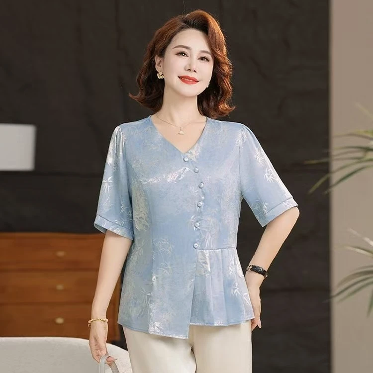 夏季女装时尚V领中老年女装套装气质妈妈装遮肚减龄小衫修身显瘦